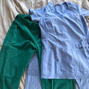 Periwinkle scrub set; green scrub pants only (Small)